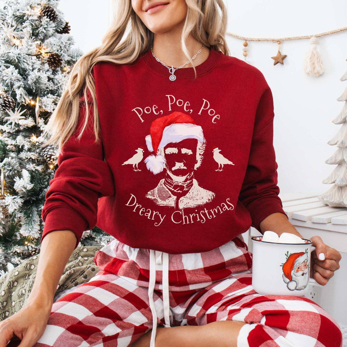 Sweatshirt Cardinal Red / S Poe, Poe, Poe - Dreary Christmas Sweatshirt The Mystic Eden