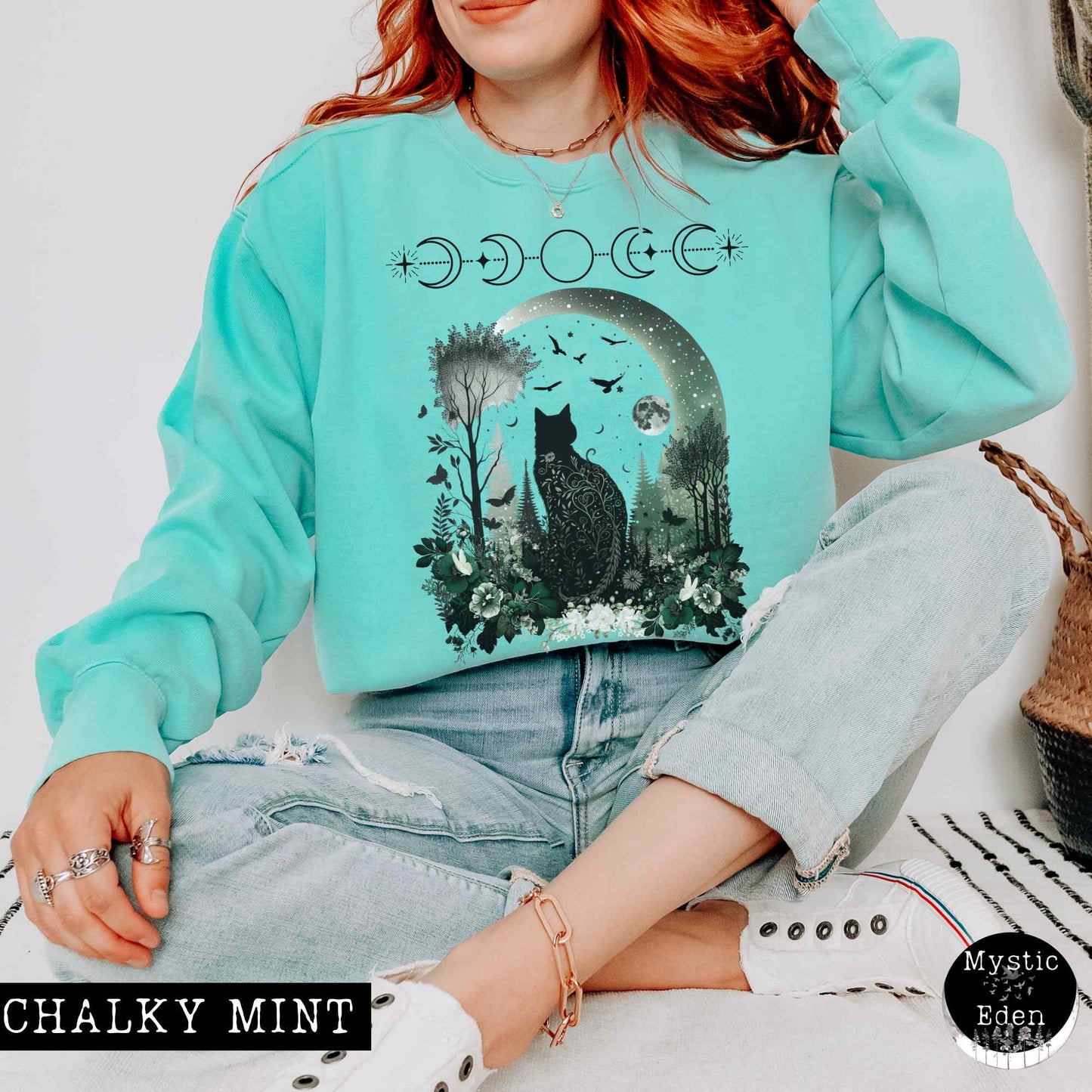 Sweatshirt Chalky Mint / S Mystical Black Cat Sweatshirt The Mystic Eden