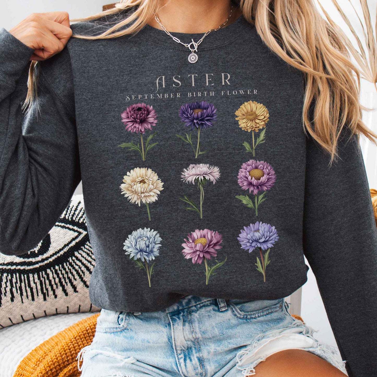 Sweatshirt Dark Heather / S Aster September Birth Month Flower Sweatshirt The Mystic Eden
