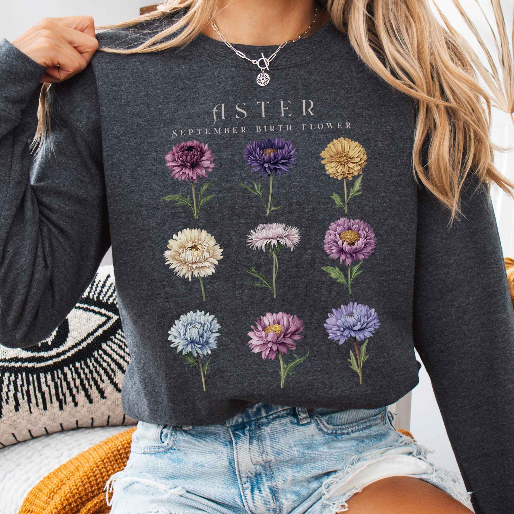 Sweatshirt Dark Heather / S Aster September Birth Month Flower Sweatshirt The Mystic Eden