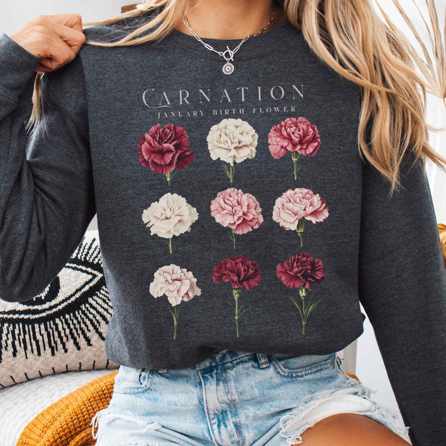 Sweatshirt Dark Heather / S Carnation January Birth Month Flower Sweatshirt The Mystic Eden