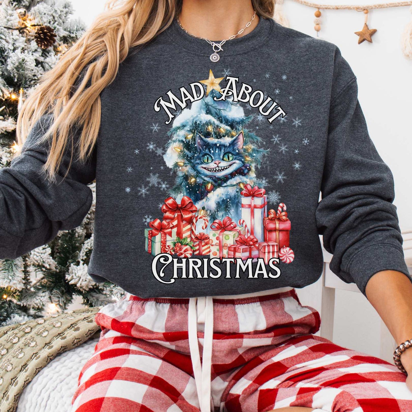 Sweatshirt Dark Heather / S Cheshire Cat Mad About Christmas Sweatshirt The Mystic Eden