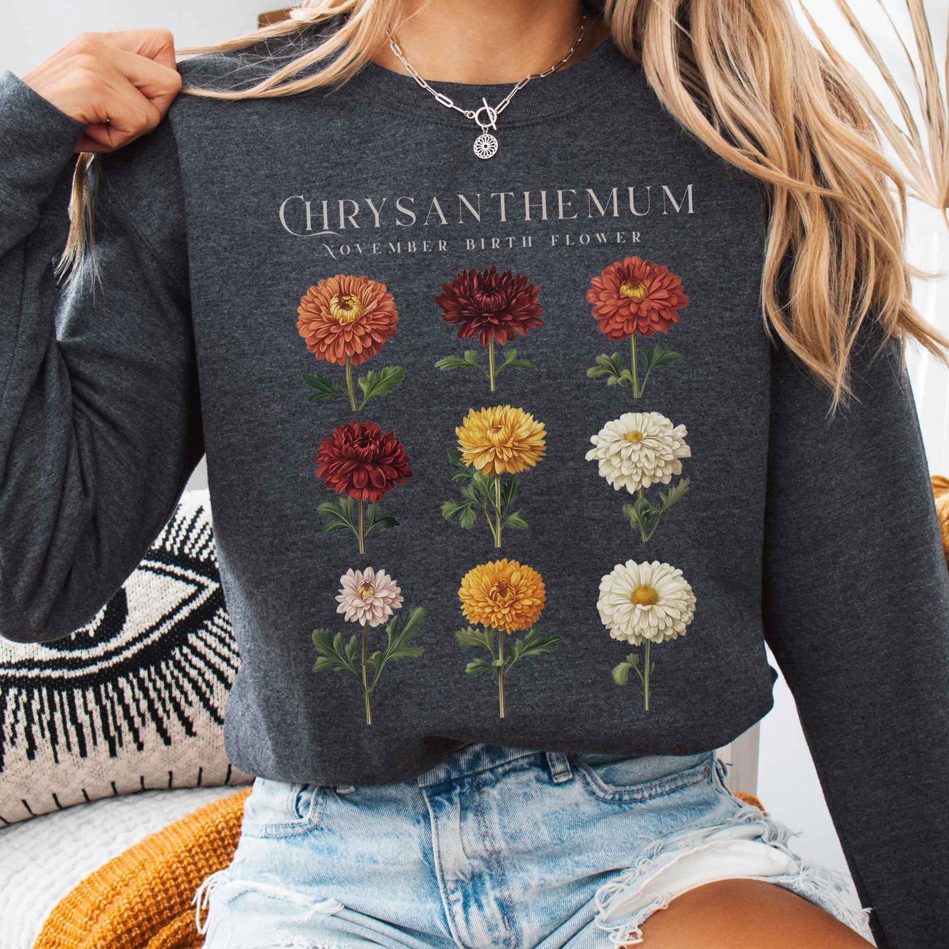 Sweatshirt Dark Heather / S Chrysanthemum November Birth Month Flower Sweatshirt The Mystic Eden