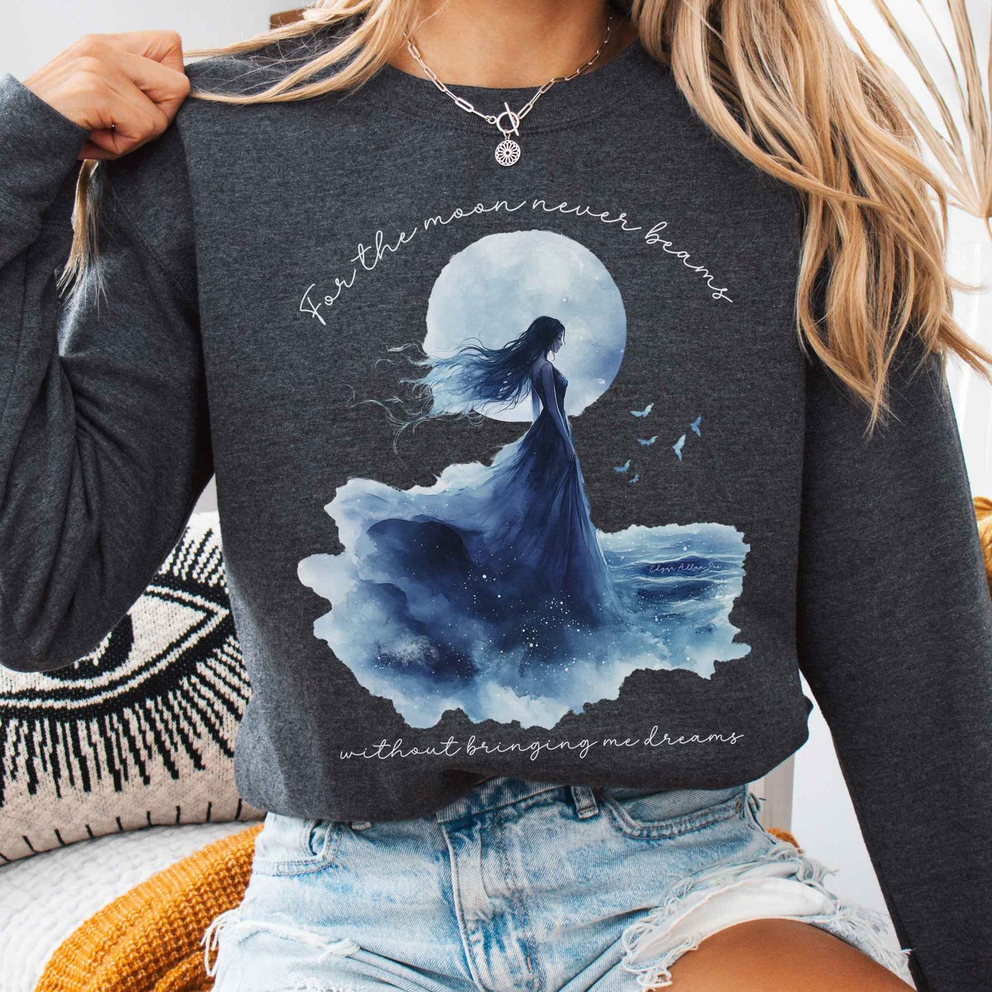 Sweatshirt Dark Heather / S For the Moon Never Beams Without Bringing Me Dreams Annabel Lee Edgar Allan Poe Sweatshirt The Mystic Eden