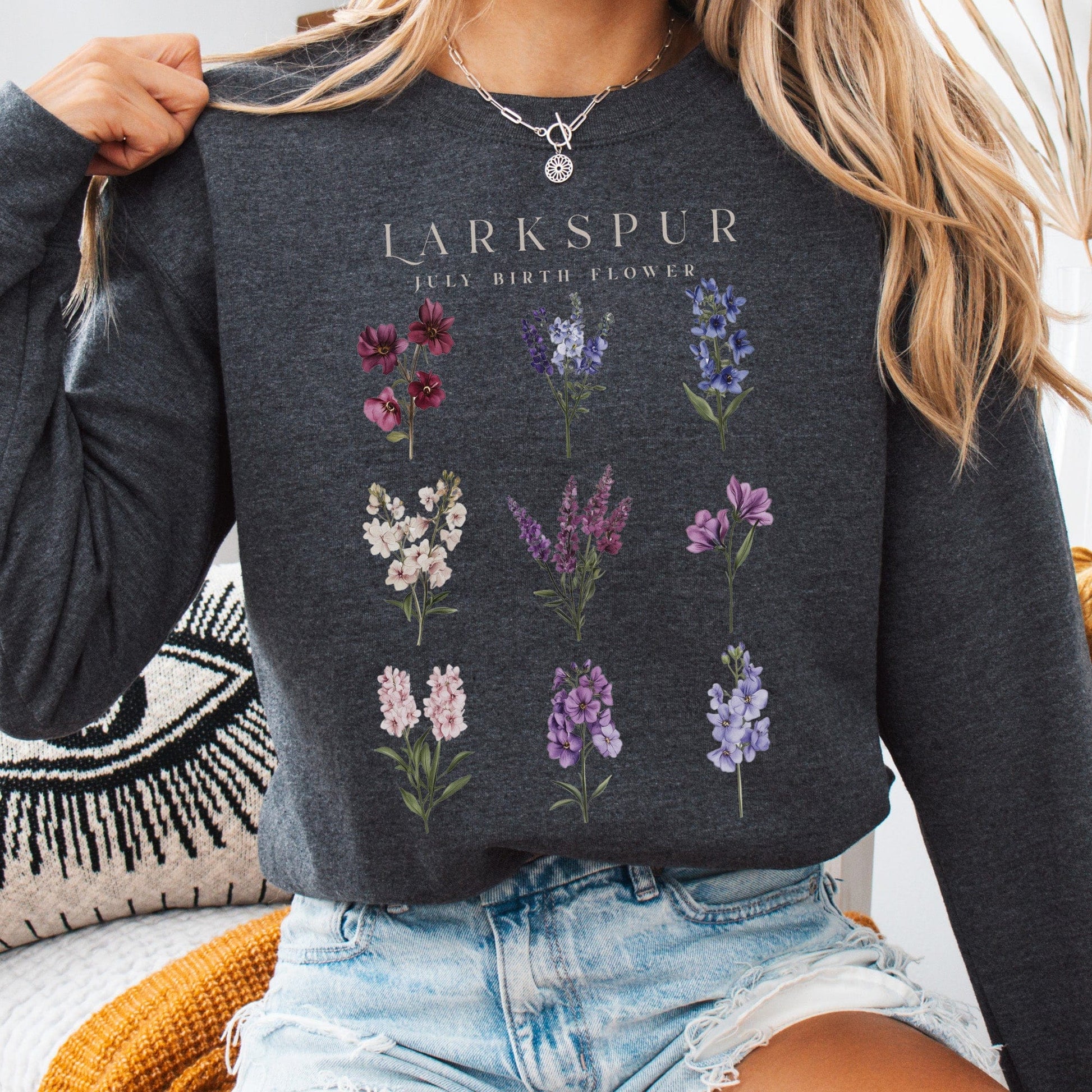 Sweatshirt Dark Heather / S Larkspur July Birth Month Flower Sweatshirt The Mystic Eden