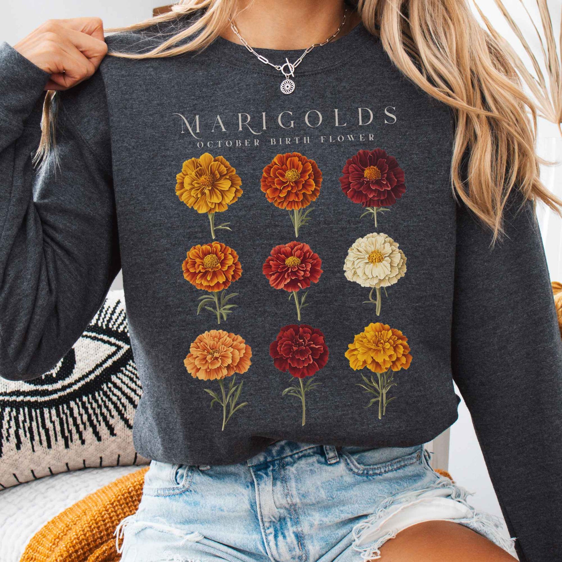 Sweatshirt Dark Heather / S Marigolds October Birth Month Flower Sweatshirt The Mystic Eden