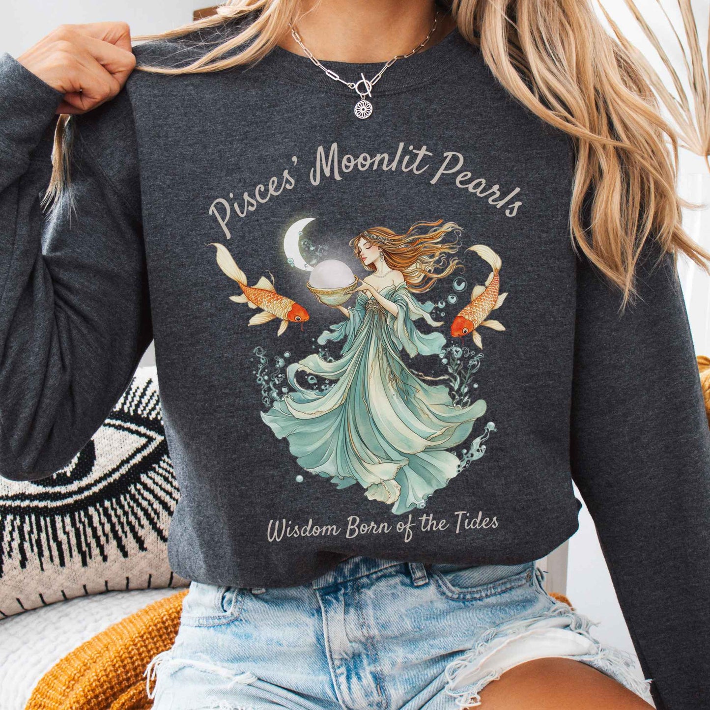 Sweatshirt Dark Heather / S Pisces' Moonlit Pearls Zodiac Sweatshirt The Mystic Eden