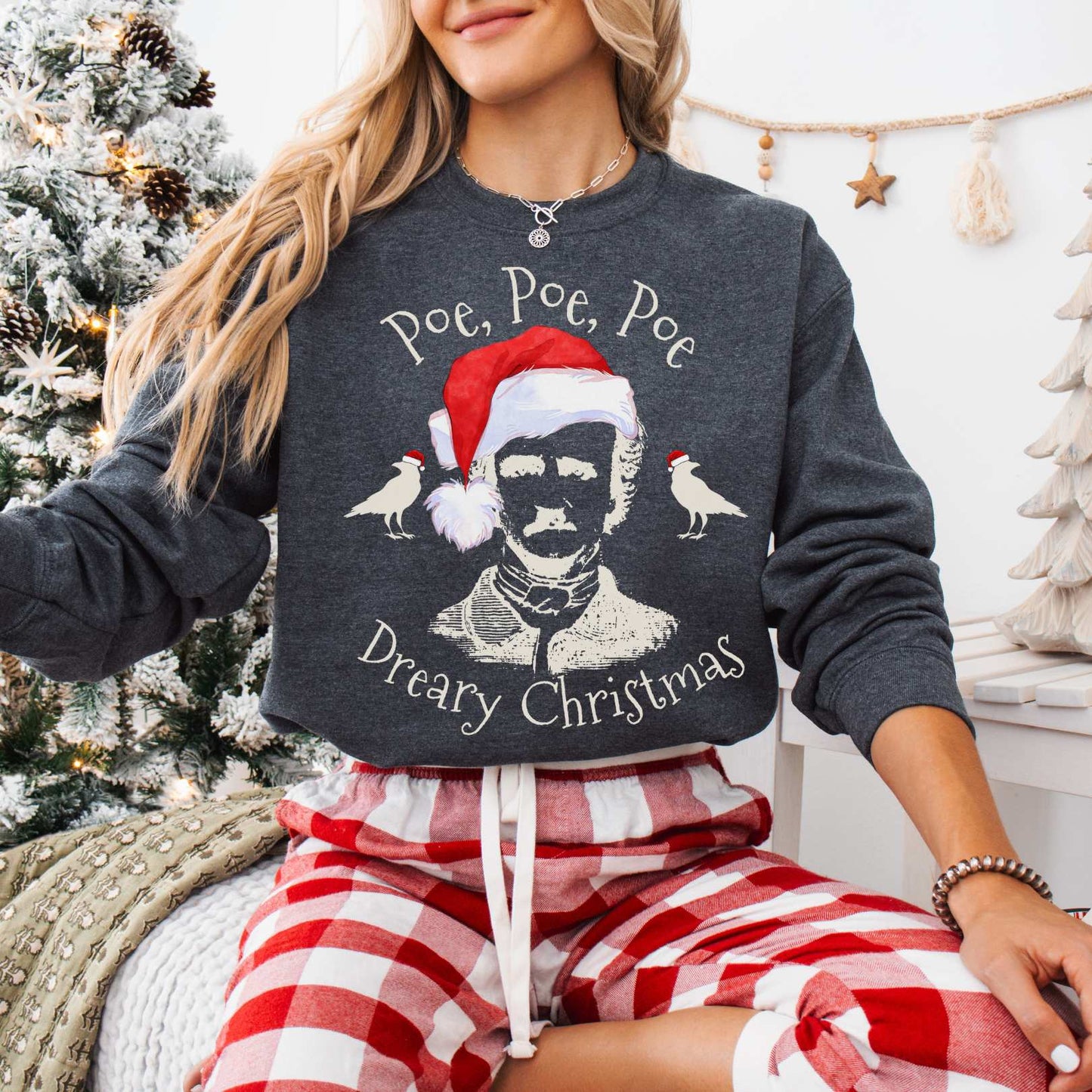 Sweatshirt Dark Heather / S Poe, Poe, Poe - Dreary Christmas Sweatshirt The Mystic Eden