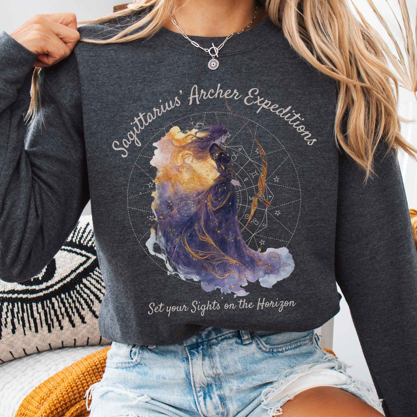 Sweatshirt Dark Heather / S Sagittarius' Archer Expeditions Zodiac Sweatshirt The Mystic Eden