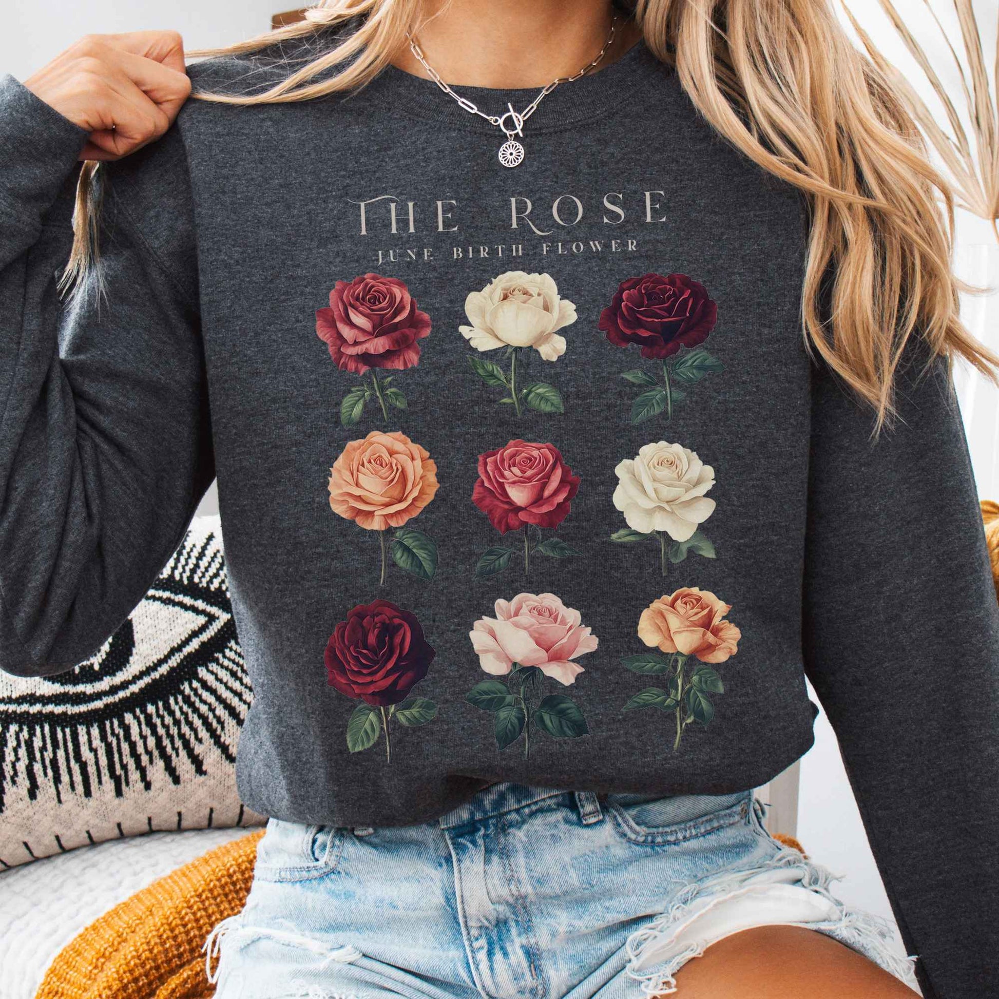 Sweatshirt Dark Heather / S The Rose June Birth Month Flower Sweatshirt The Mystic Eden