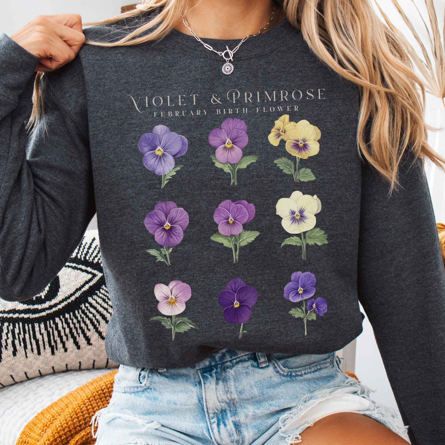 Sweatshirt Dark Heather / S Violet & Primrose February Birth Month Flower Sweatshirt The Mystic Eden