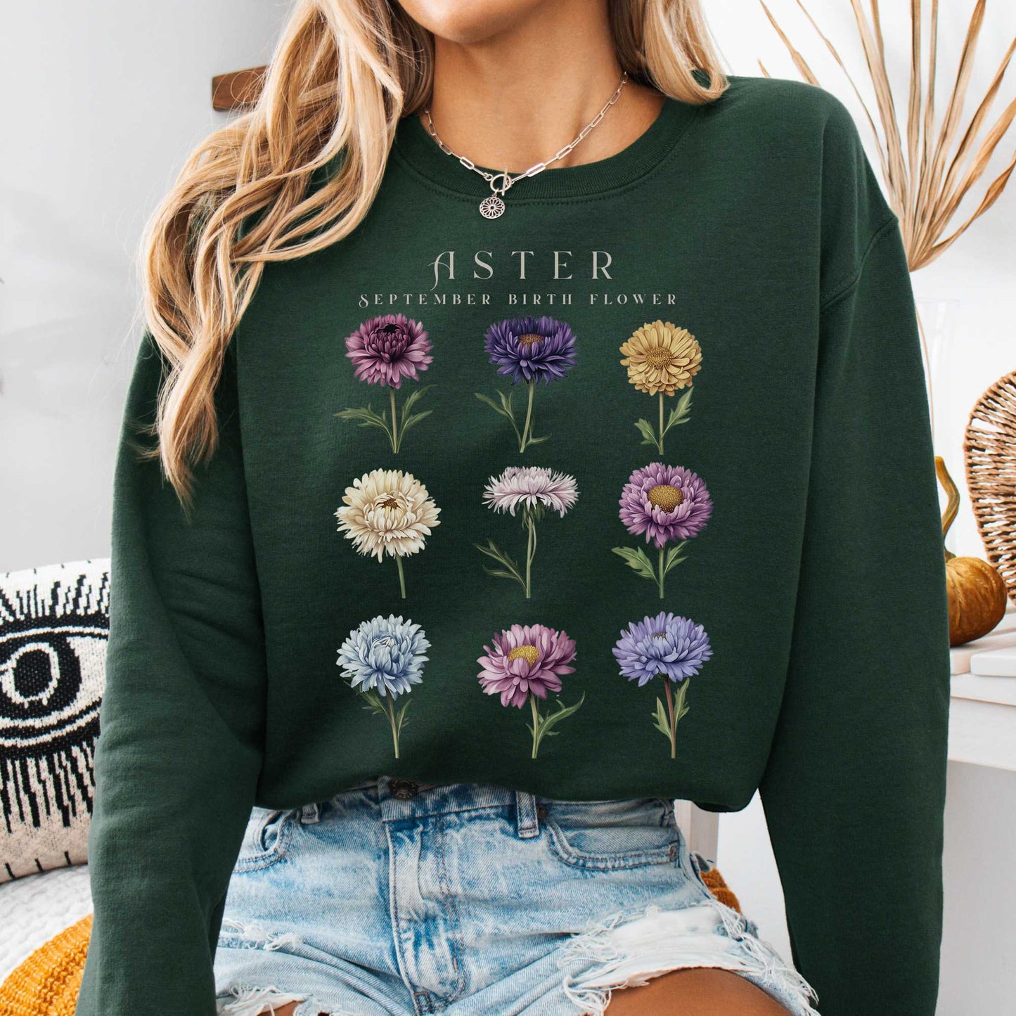 Sweatshirt Forest Green / S Aster September Birth Month Flower Sweatshirt The Mystic Eden
