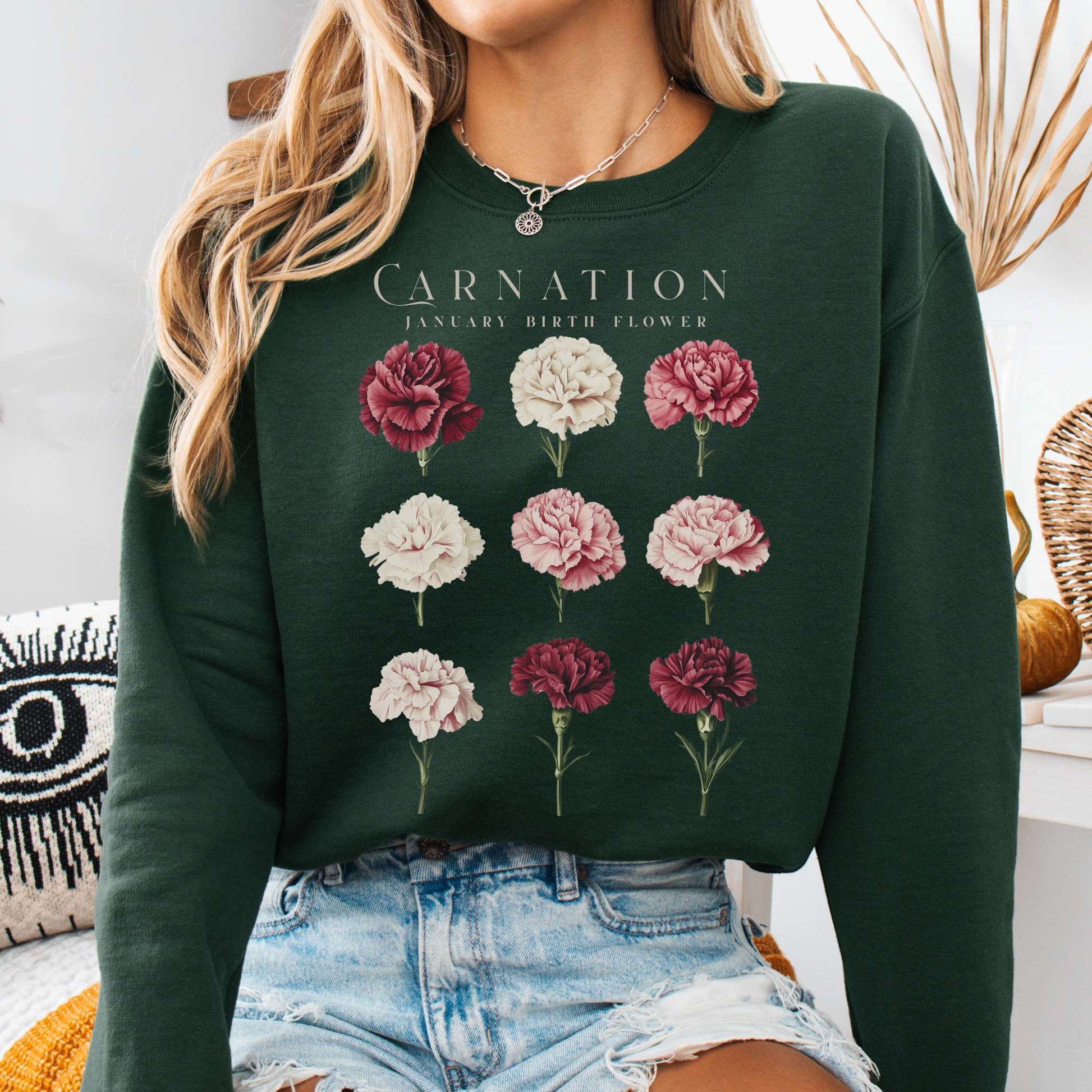 Sweatshirt Forest Green / S Carnation January Birth Month Flower Sweatshirt The Mystic Eden