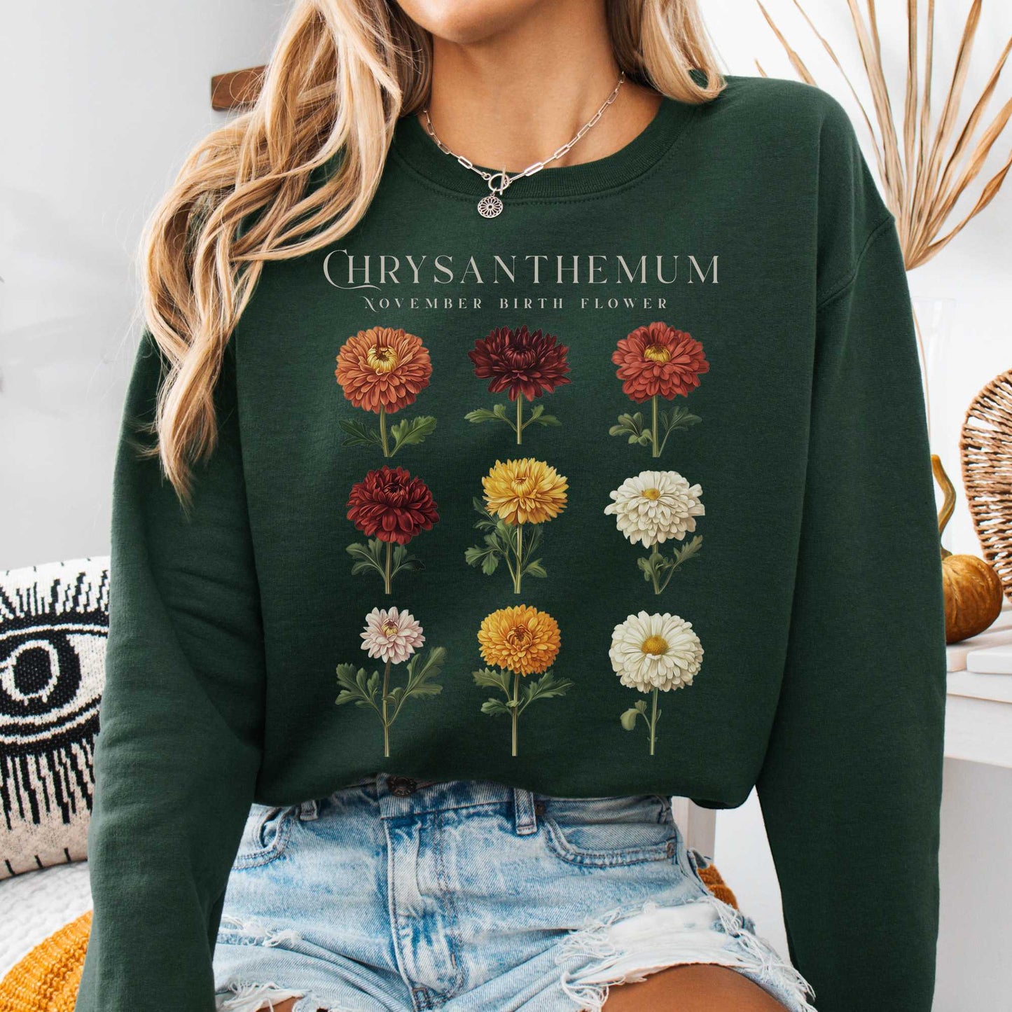 Sweatshirt Forest Green / S Chrysanthemum November Birth Month Flower Sweatshirt The Mystic Eden