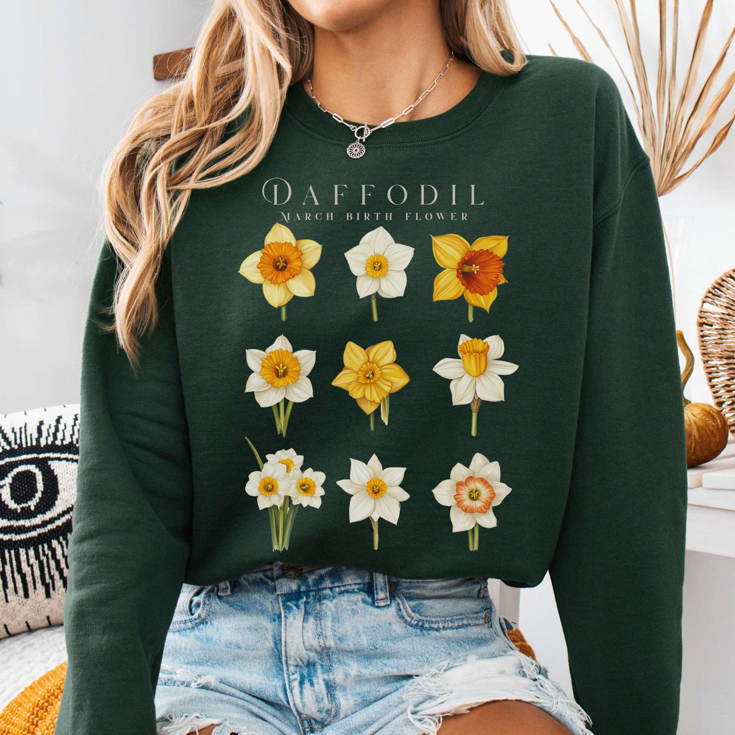Sweatshirt Forest Green / S Daffodil March Birth Month Flower Sweatshirt The Mystic Eden