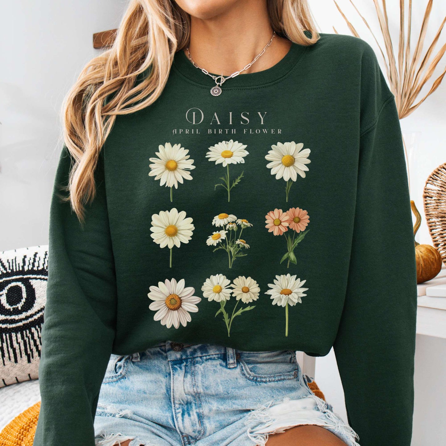 Sweatshirt Forest Green / S Daisy April Birth Month Flower Sweatshirt The Mystic Eden
