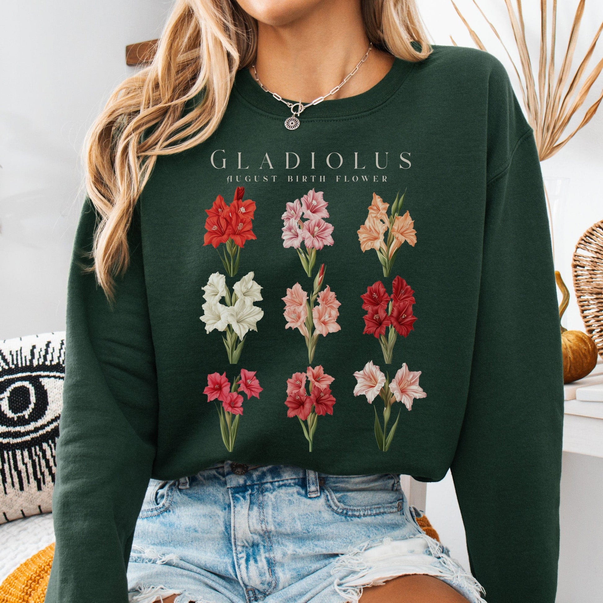 Sweatshirt Forest Green / S Gladiolus August Birth Month Flower Sweatshirt The Mystic Eden