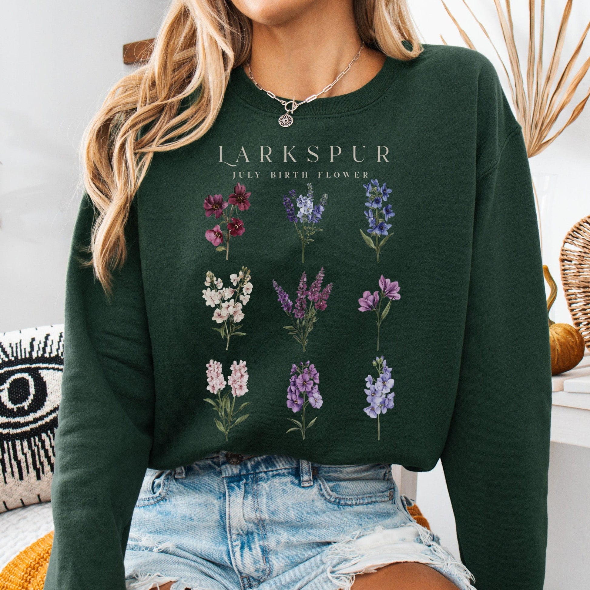 Sweatshirt Forest Green / S Larkspur July Birth Month Flower Sweatshirt The Mystic Eden