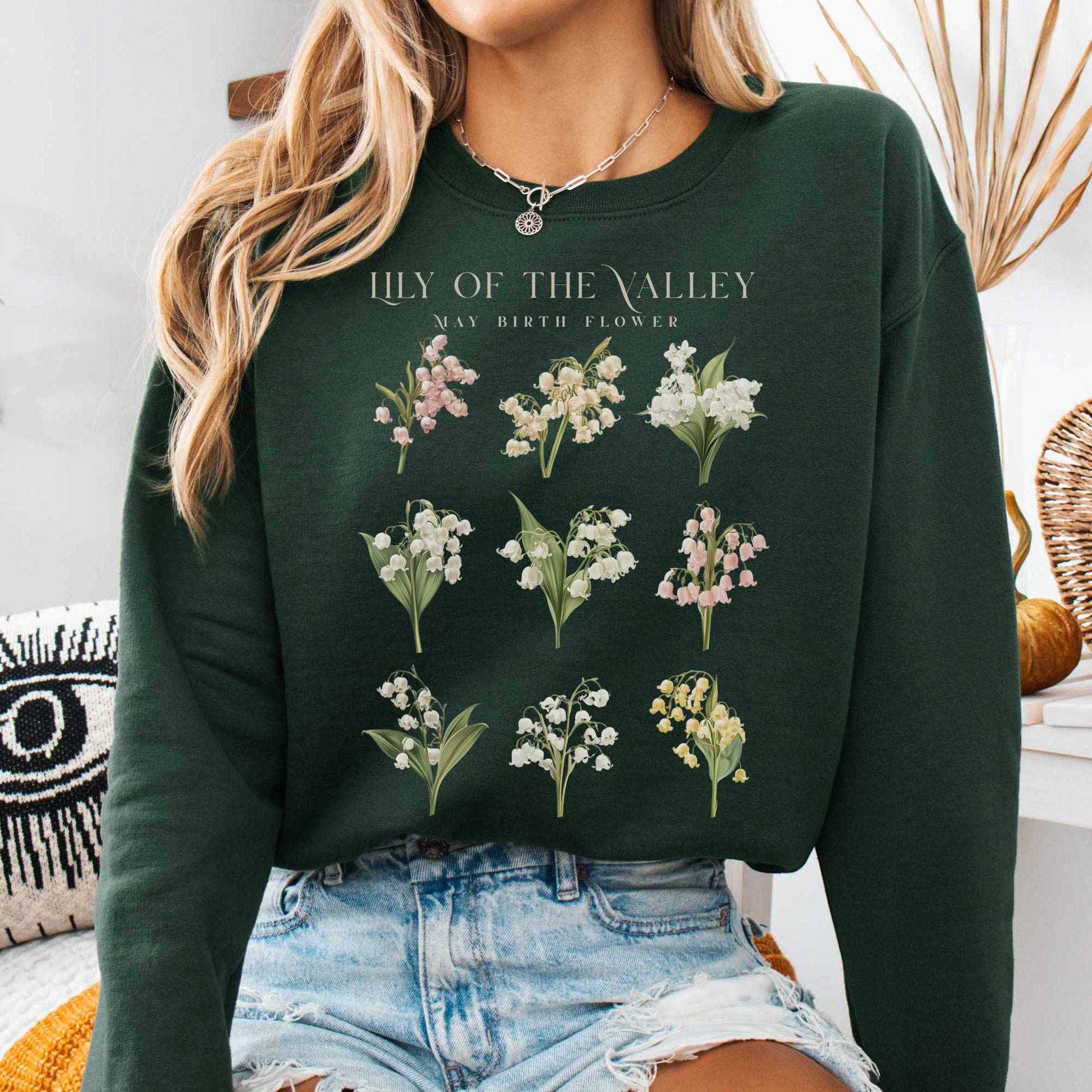 Sweatshirt Forest Green / S Lily of the Valley May Birth Month Flower Sweatshirt The Mystic Eden