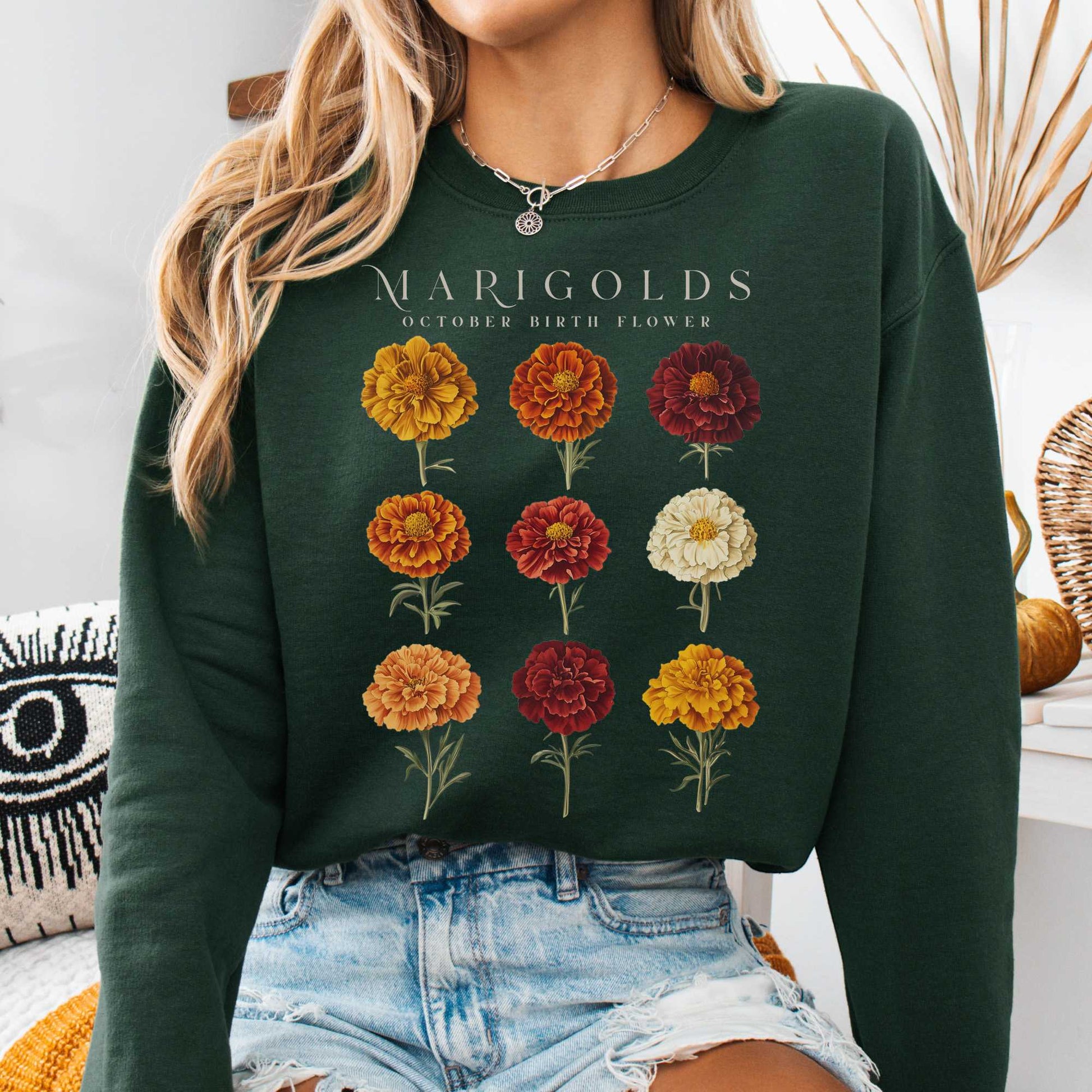 Sweatshirt Forest Green / S Marigolds October Birth Month Flower Sweatshirt The Mystic Eden