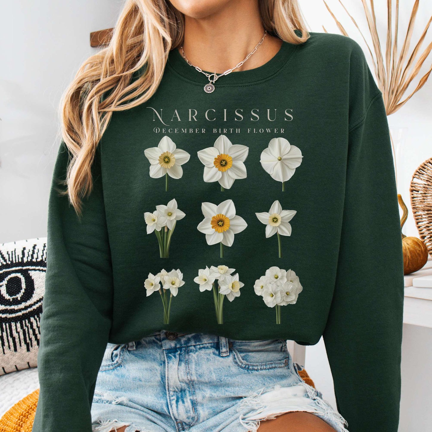 Sweatshirt Forest Green / S Narcissus December Birth Month Flower Sweatshirt The Mystic Eden