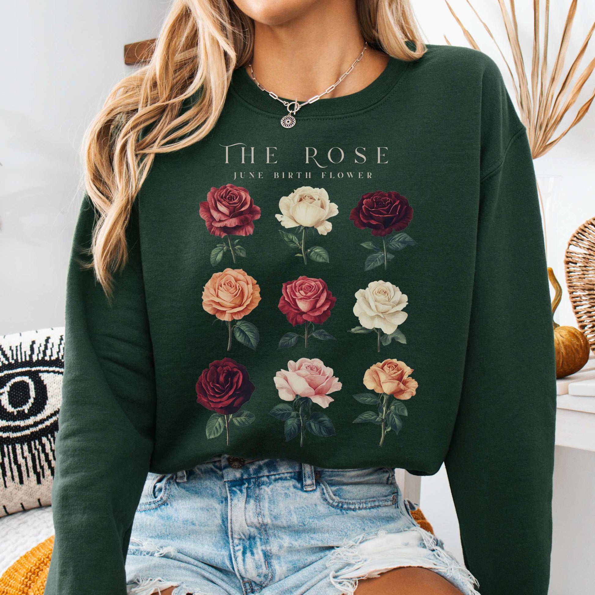 Sweatshirt Forest Green / S The Rose June Birth Month Flower Sweatshirt The Mystic Eden