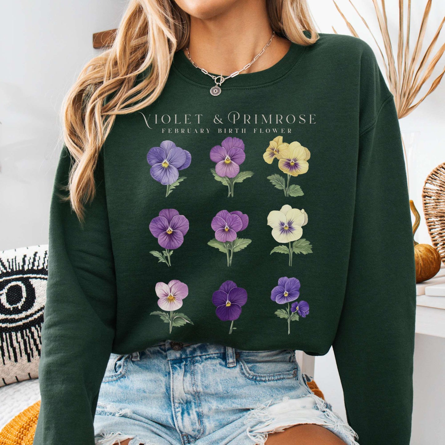 Sweatshirt Forest Green / S Violet & Primrose February Birth Month Flower Sweatshirt The Mystic Eden