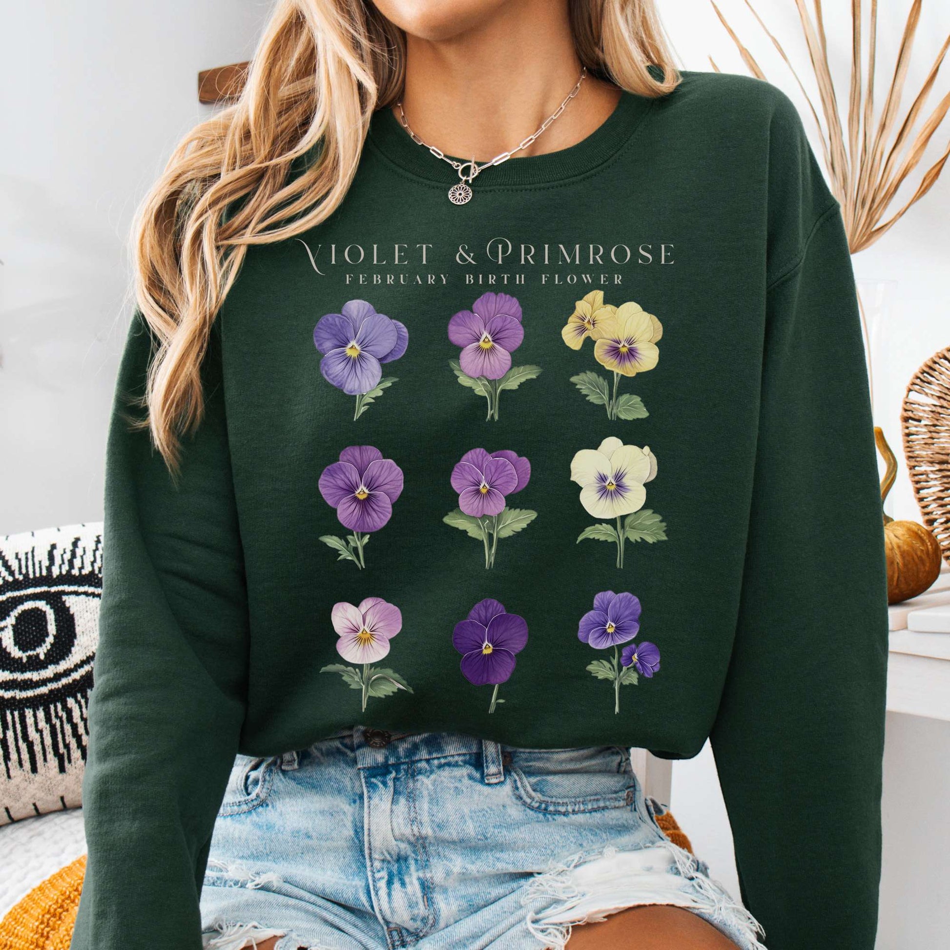 Sweatshirt Forest Green / S Violet & Primrose February Birth Month Flower Sweatshirt The Mystic Eden