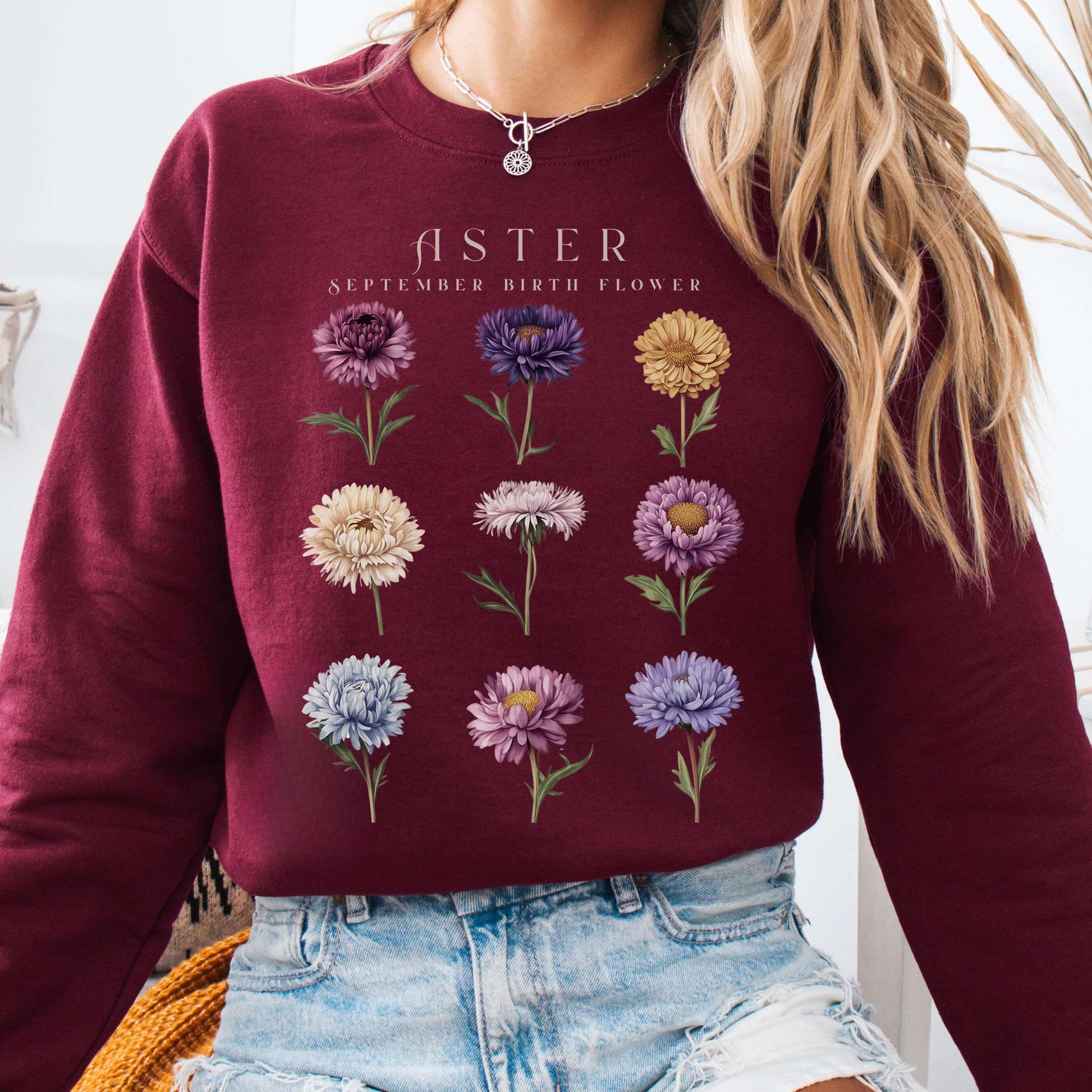 Sweatshirt Maroon / S Aster September Birth Month Flower Sweatshirt The Mystic Eden