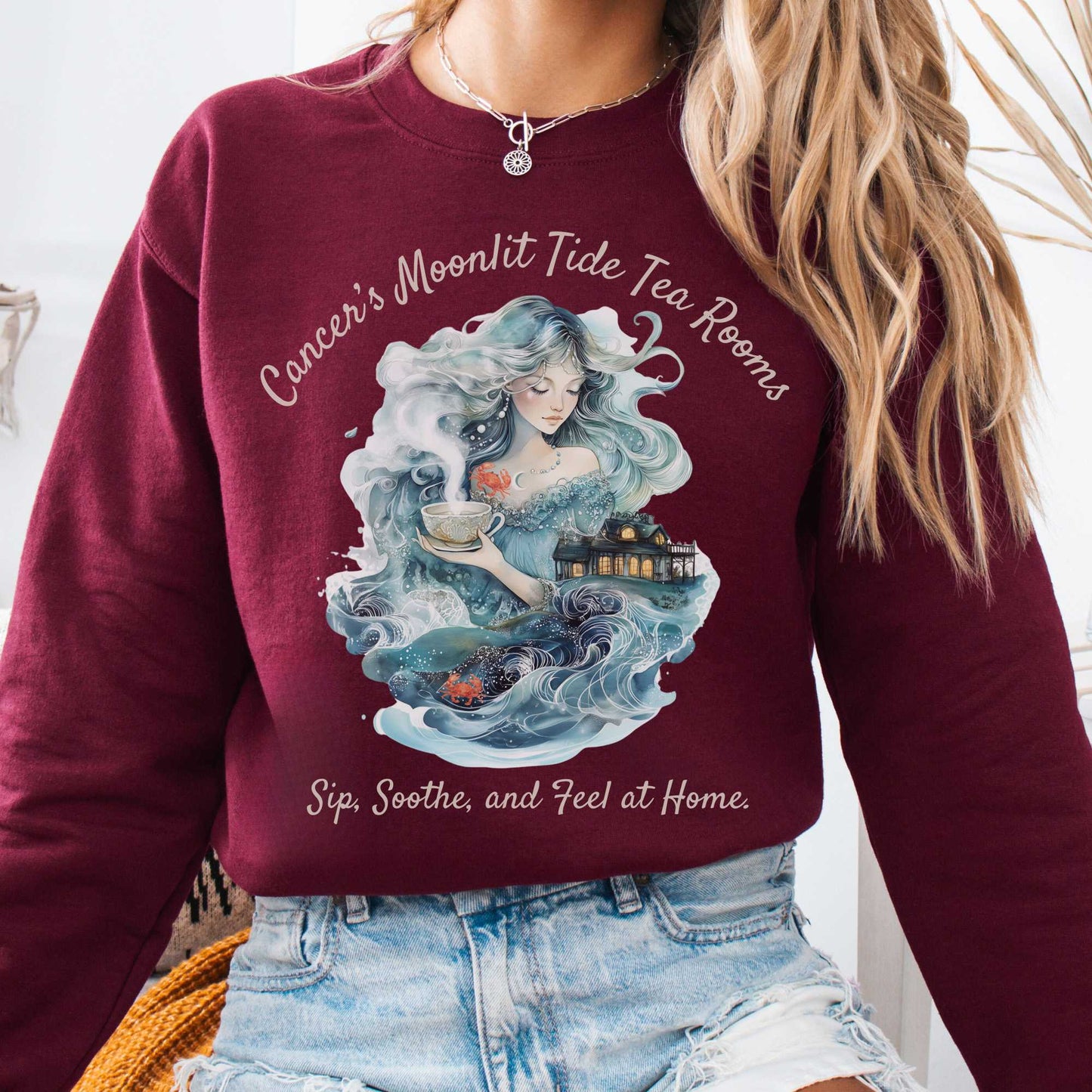 Sweatshirt Maroon / S Cancer's Moonlit Tide Tea Rooms Zodiac Sweatshirt The Mystic Eden
