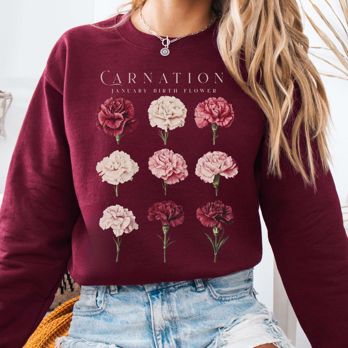 Sweatshirt Maroon / S Carnation January Birth Month Flower Sweatshirt The Mystic Eden