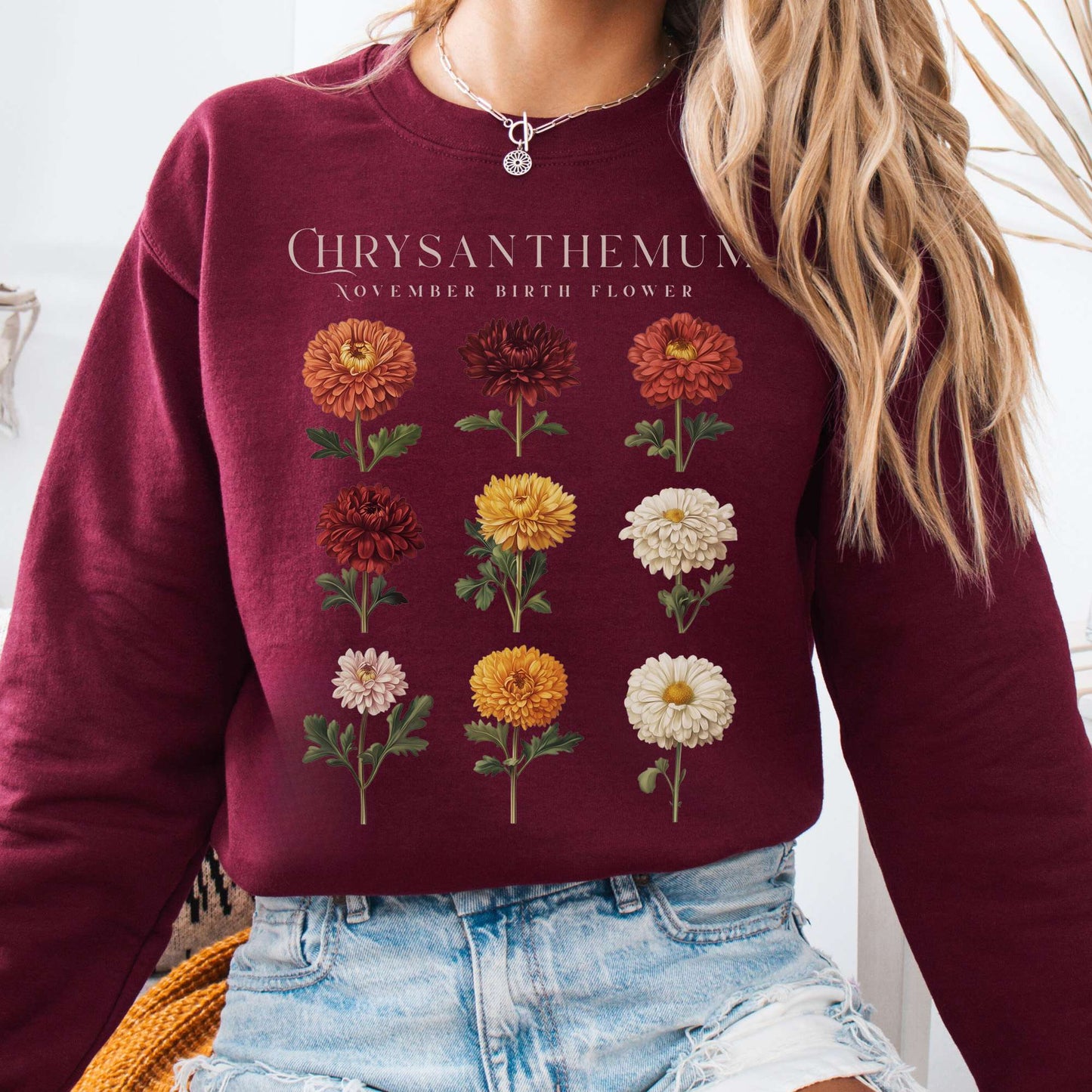 Sweatshirt Maroon / S Chrysanthemum November Birth Month Flower Sweatshirt The Mystic Eden