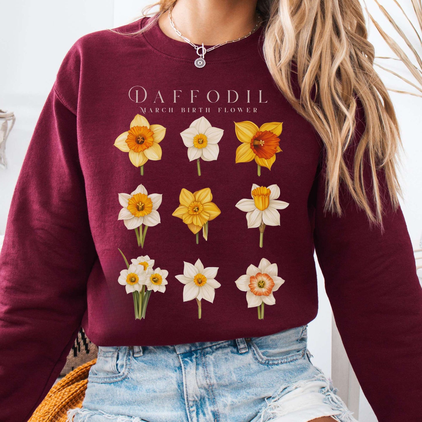 Sweatshirt Maroon / S Daffodil March Birth Month Flower Sweatshirt The Mystic Eden