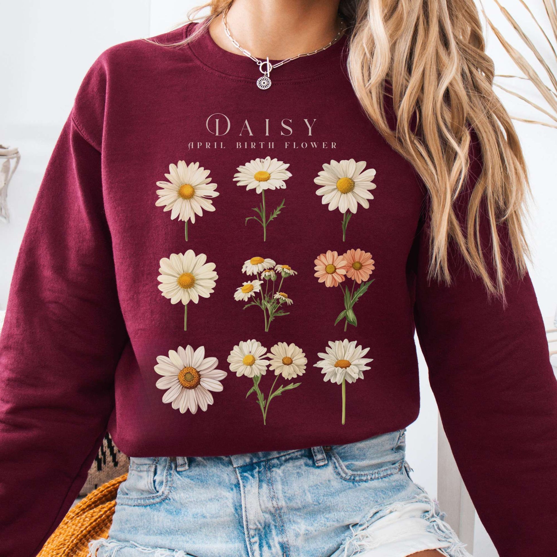 Sweatshirt Maroon / S Daisy April Birth Month Flower Sweatshirt The Mystic Eden