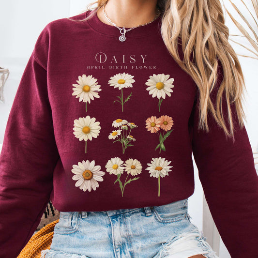 Sweatshirt Maroon / S Daisy April Birth Month Flower Sweatshirt The Mystic Eden