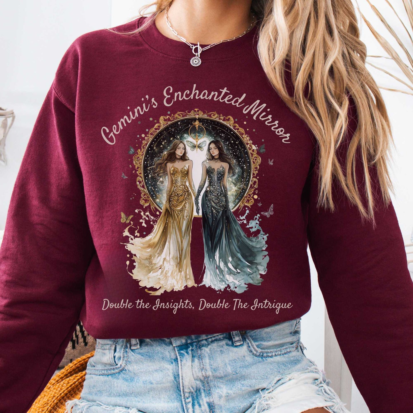 Sweatshirt Maroon / S Gemini's Enchanted Mirror Zodiac Sweatshirt The Mystic Eden