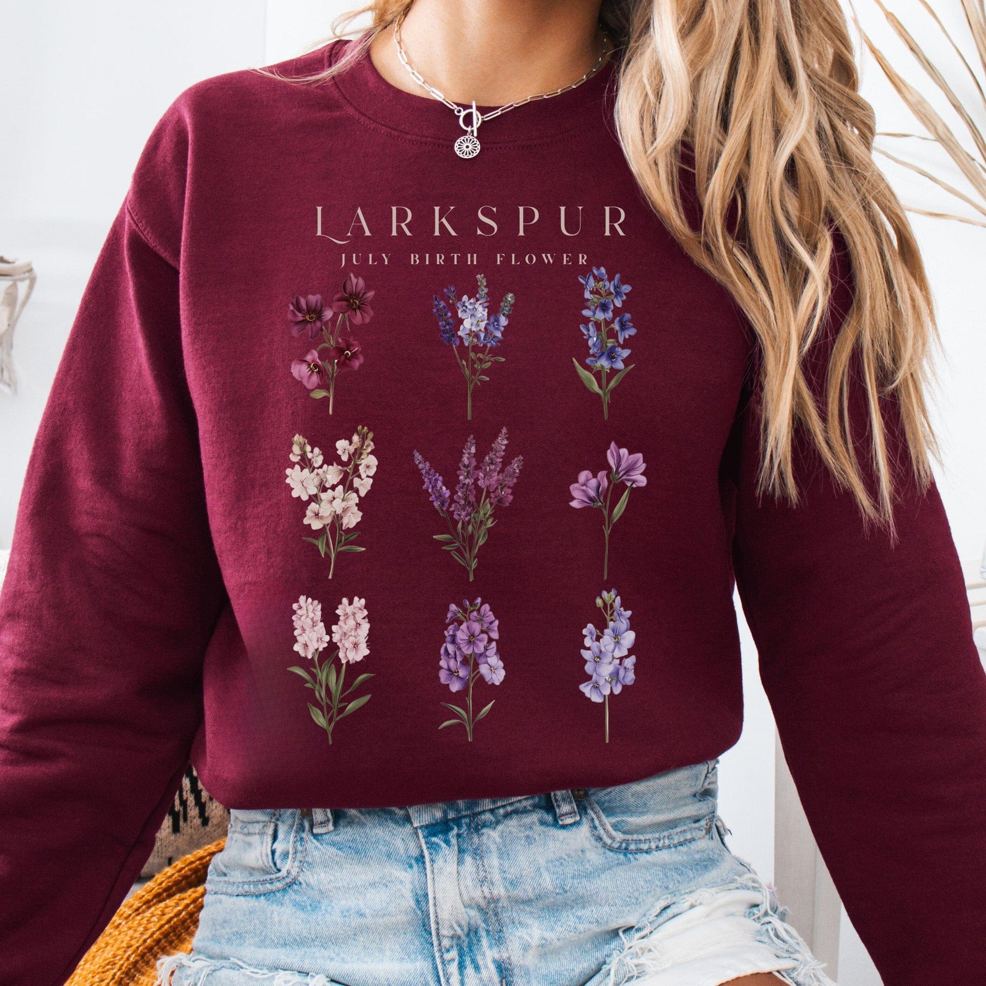 Sweatshirt Maroon / S Larkspur July Birth Month Flower Sweatshirt The Mystic Eden