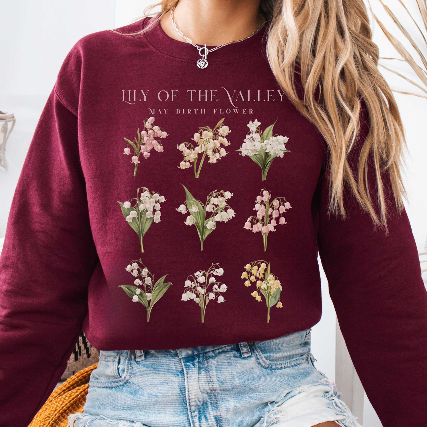 Sweatshirt Maroon / S Lily of the Valley May Birth Month Flower Sweatshirt The Mystic Eden