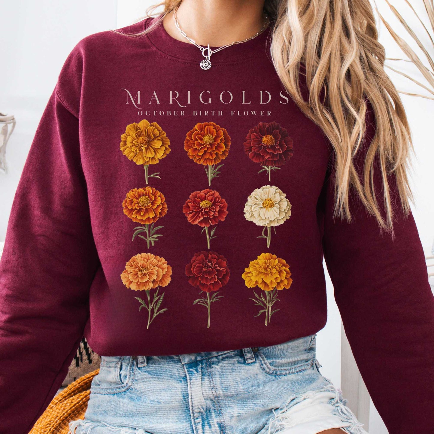 Sweatshirt Maroon / S Marigolds October Birth Month Flower Sweatshirt The Mystic Eden