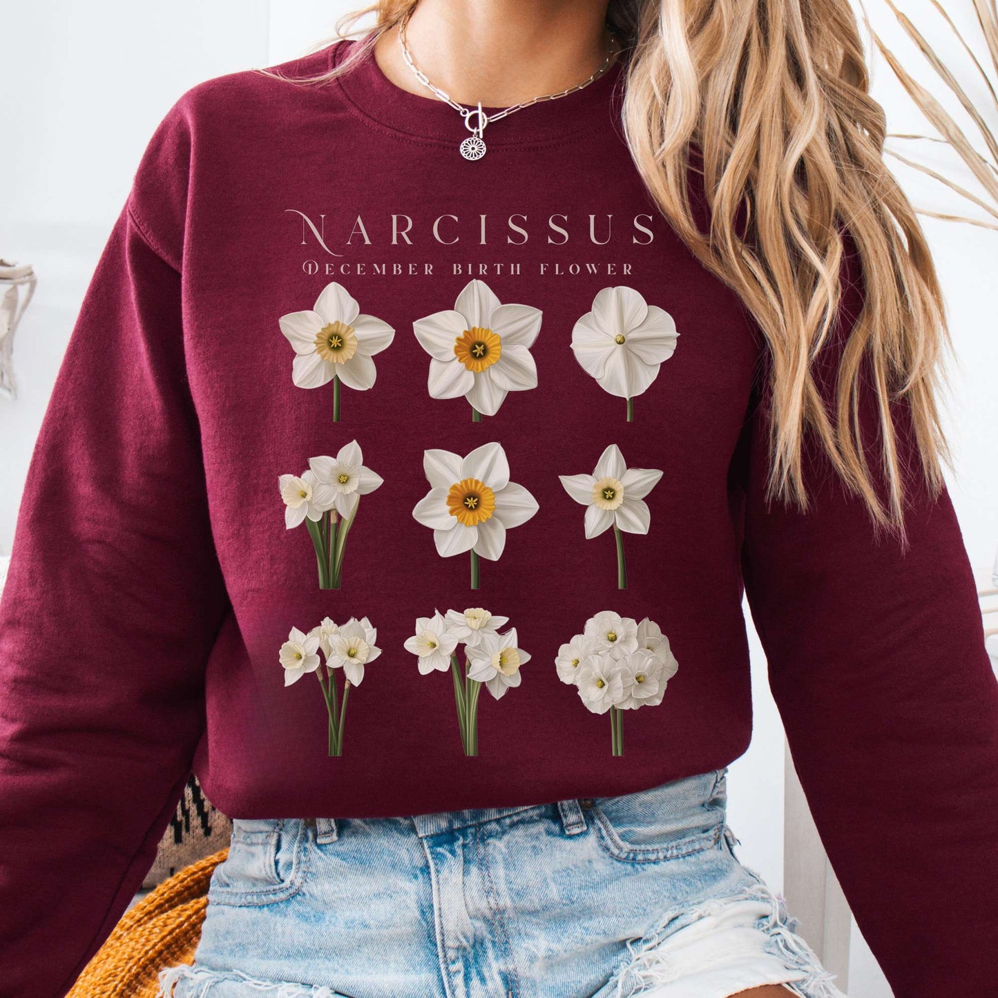 Sweatshirt Maroon / S Narcissus December Birth Month Flower Sweatshirt The Mystic Eden