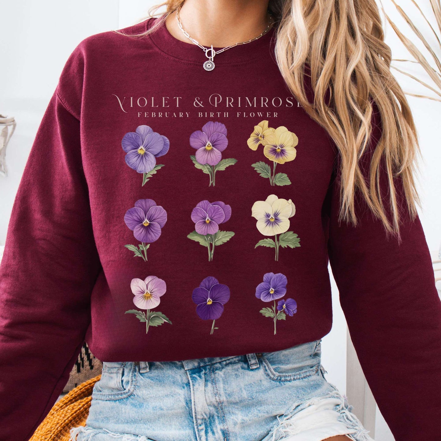 Sweatshirt Maroon / S Violet & Primrose February Birth Month Flower Sweatshirt The Mystic Eden