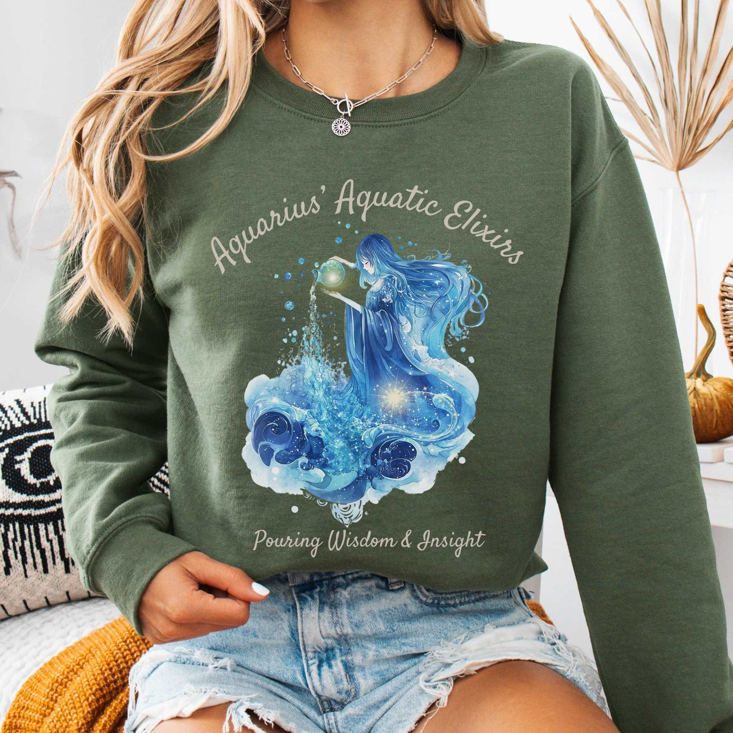 Sweatshirt Military Green / S Aquarius' Aquatic Elixirs Zodiac Sweatshirt The Mystic Eden