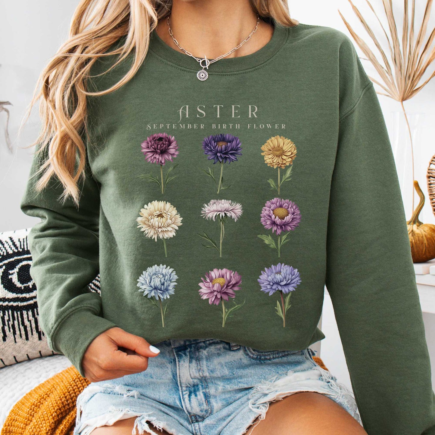 Sweatshirt Military Green / S Aster September Birth Month Flower Sweatshirt The Mystic Eden