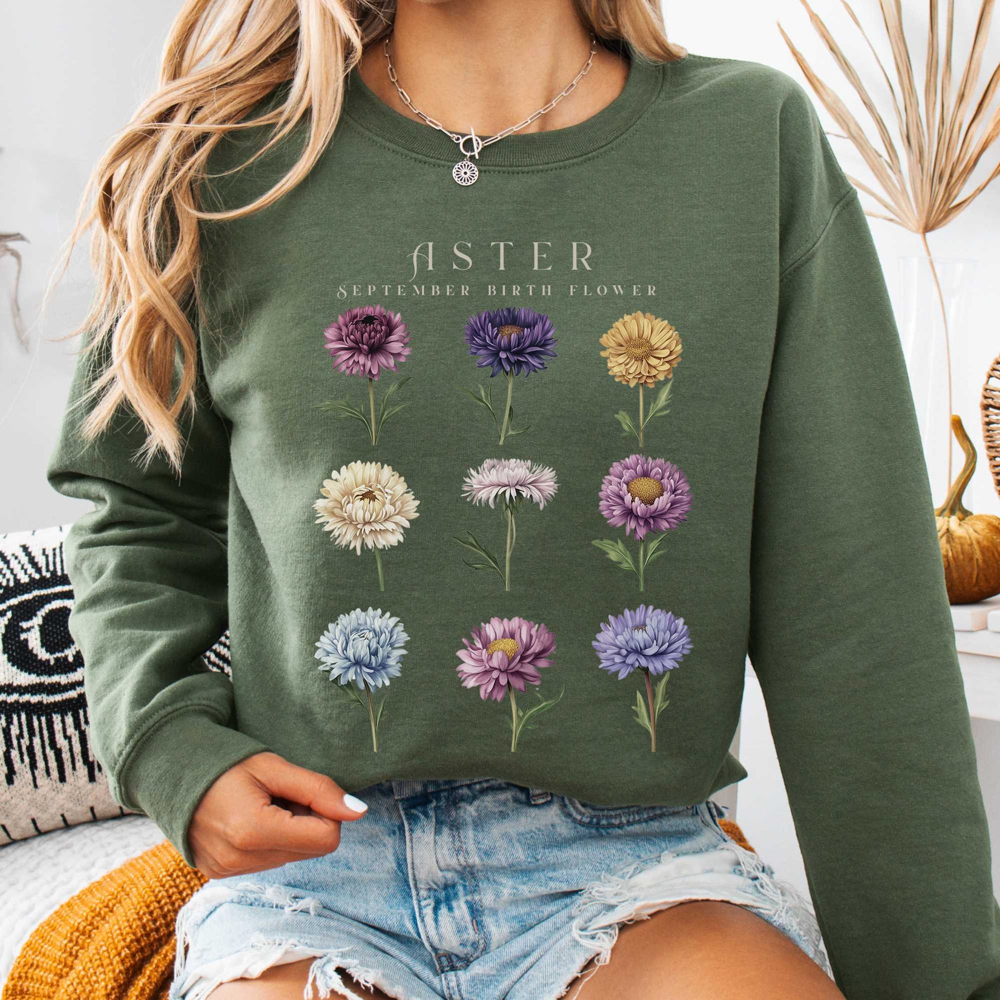 Sweatshirt Military Green / S Aster September Birth Month Flower Sweatshirt The Mystic Eden