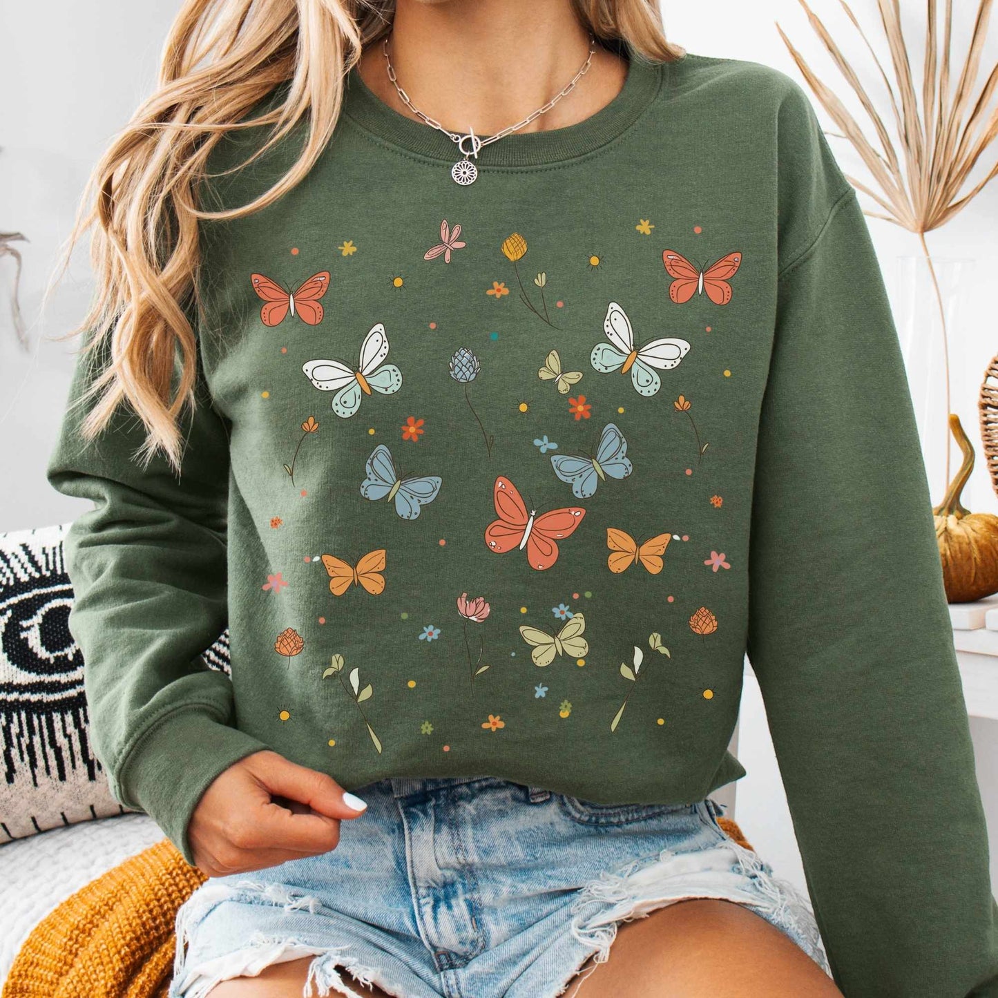 Sweatshirt Military Green / S Bright Butterflies Sweatshirt The Mystic Eden
