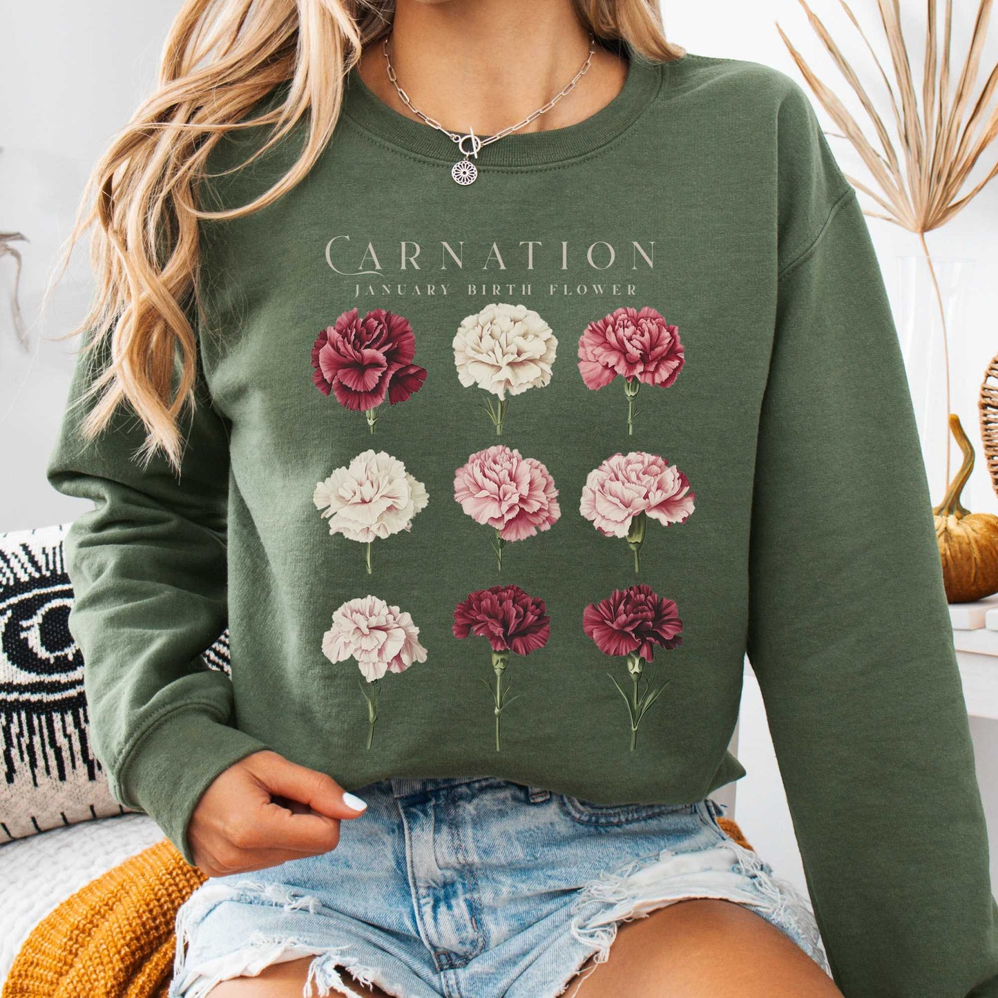 Sweatshirt Military Green / S Carnation January Birth Month Flower Sweatshirt The Mystic Eden