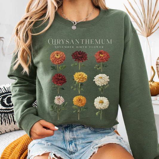 Sweatshirt Military Green / S Chrysanthemum November Birth Month Flower Sweatshirt The Mystic Eden