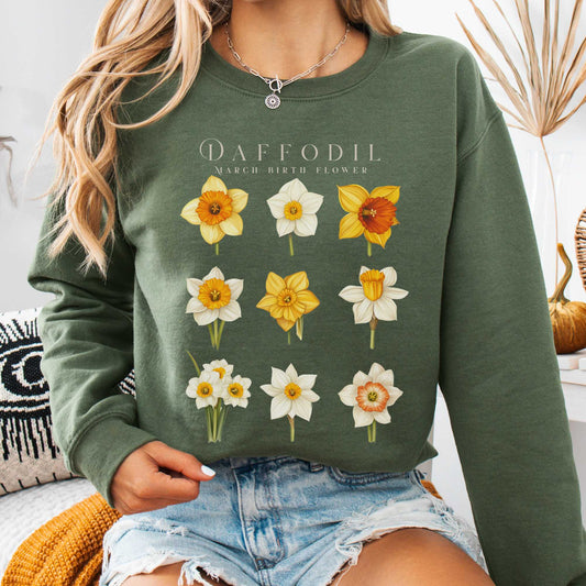 Sweatshirt Military Green / S Daffodil March Birth Month Flower Sweatshirt The Mystic Eden