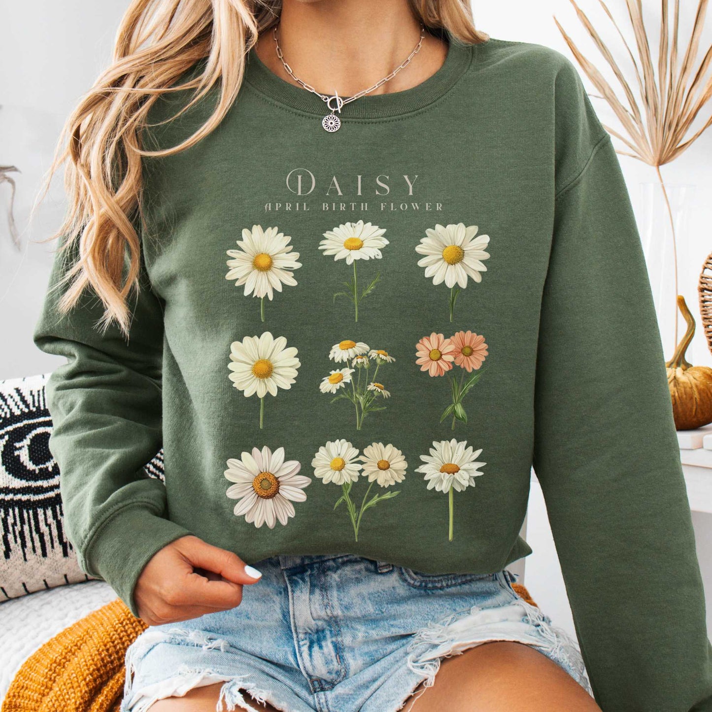 Sweatshirt Military Green / S Daisy April Birth Month Flower Sweatshirt The Mystic Eden