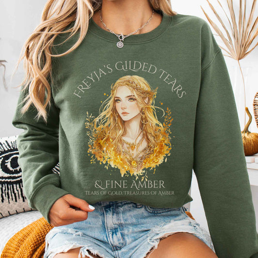 Sweatshirt Military Green / S Freyja's Gilded Tears & Fine Amber Norse Goddess Sweatshirt The Mystic Eden